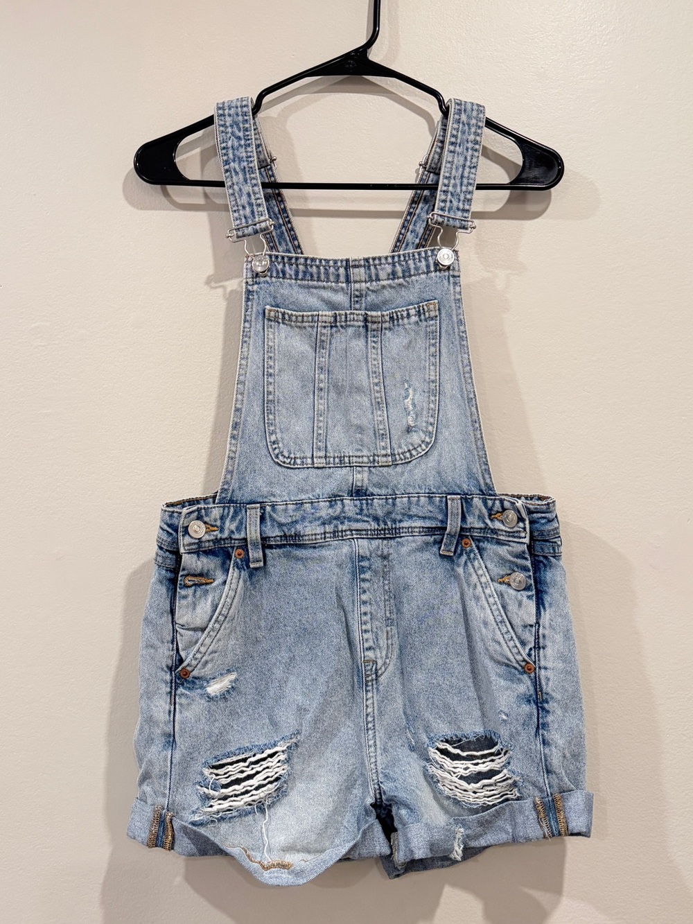 H&M Light Blue Distressed Denim Overall Shorts